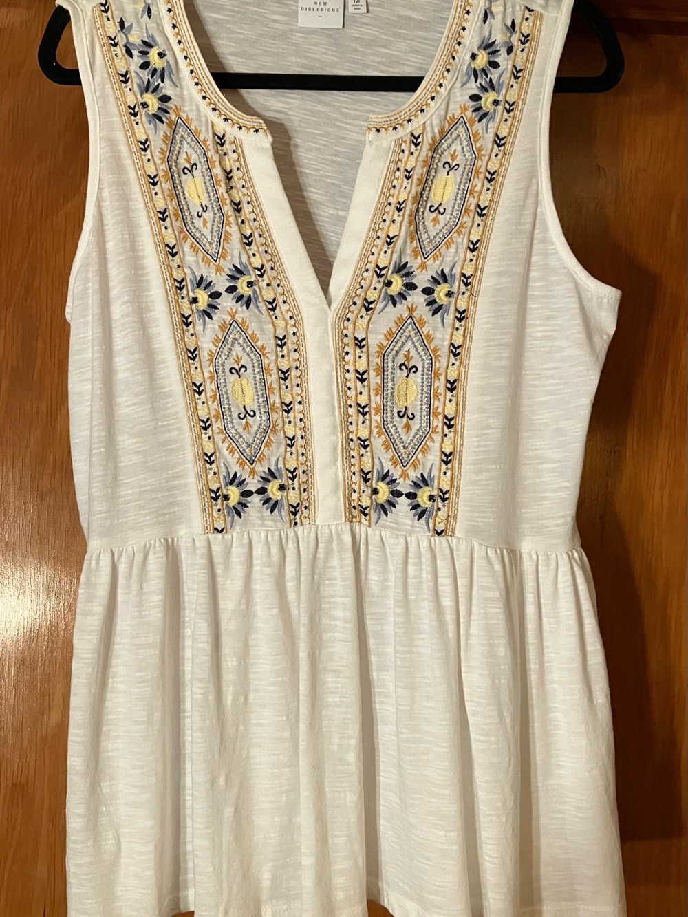 new directions White Tank with Navy and Yellow Embroidery